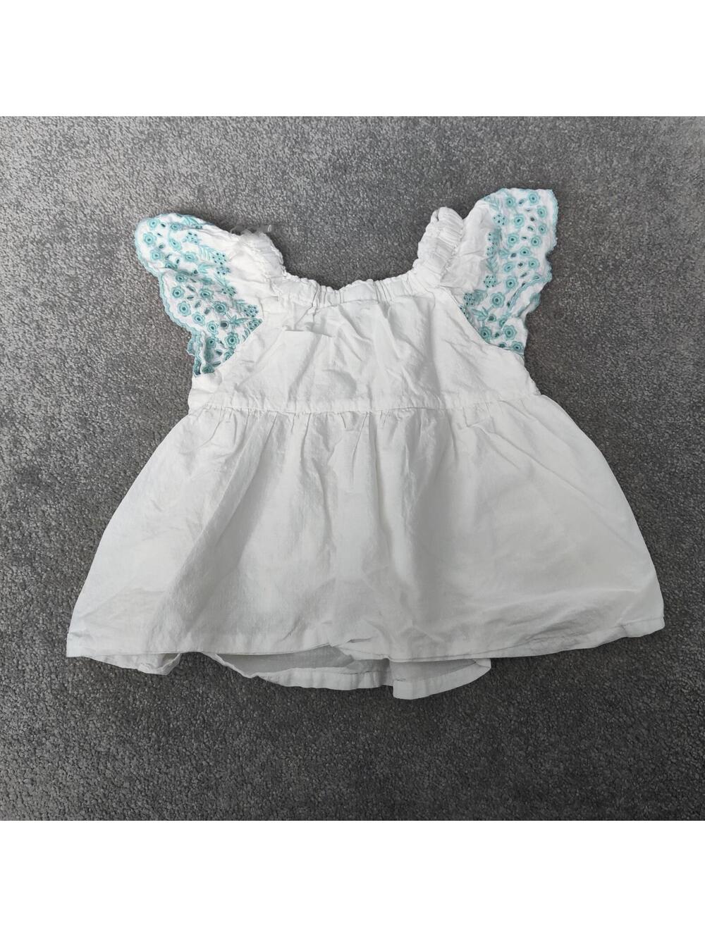 Joie Girls White Cotton Top with Aqua Embroidered Sleeves Size 7-8